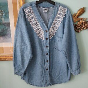 Vintage 90s Denim Top Women's Plus Size 2X Blue With White Lace Trim